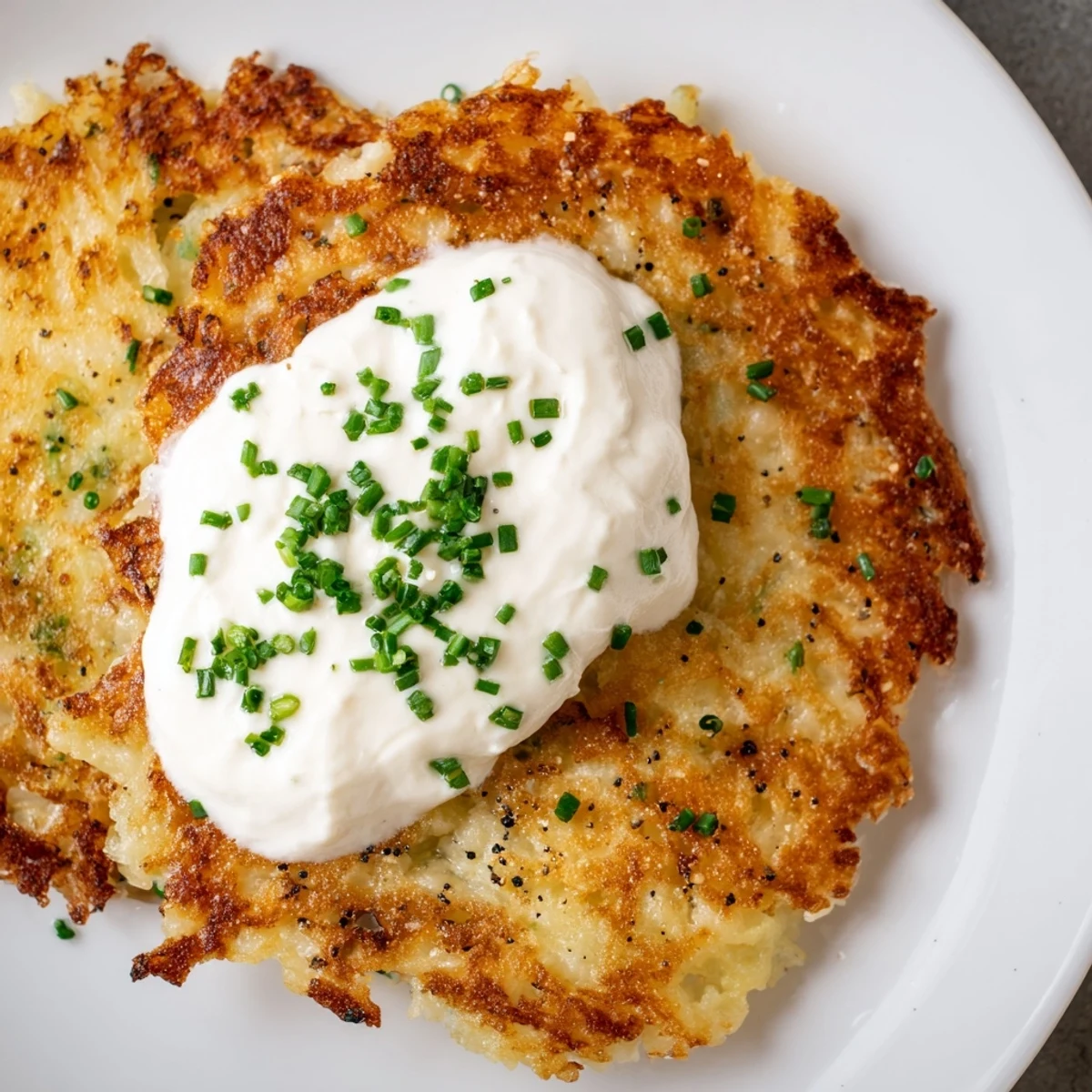 A stack of freshly cooked Irish Boxty with Sour Cream and Chives, topped with a dollop and green herbs.