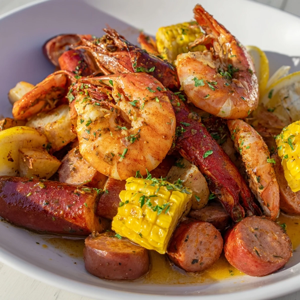 A close-up of Cajun Seafood Boil with Corn and Sausage showing garlic, potatoes, and Andouille sausage in buttery broth.