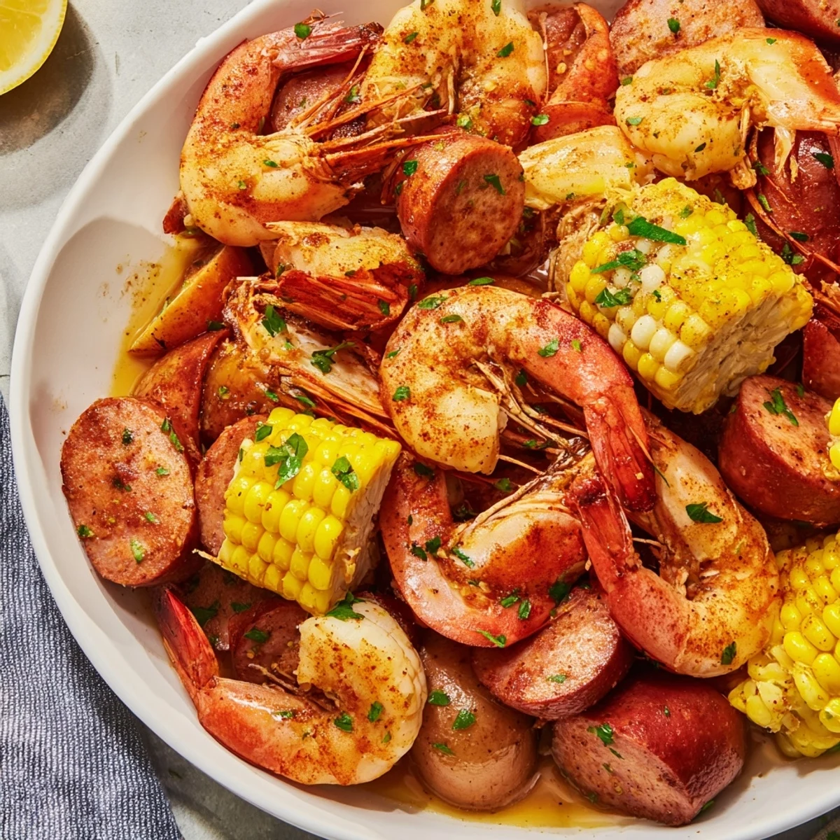 Cajun Seafood Boil with Corn and Sausage steaming with spicy broth, tender shrimp, and sweet corn on a platter.