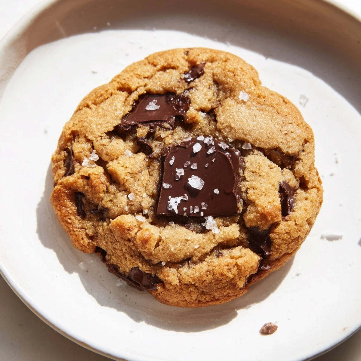 Freshly baked Chocolate Chip Cookies with Sea Salt sit on a cooling rack, showcasing gooey melted chocolate chips and a glistening salt finish.
