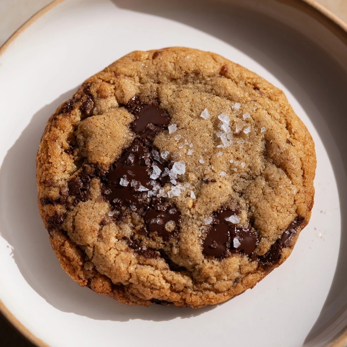 Golden-brown Chocolate Chip Cookies with Sea Salt are arranged on a rustic wooden board, paired with a tall glass of cold milk.