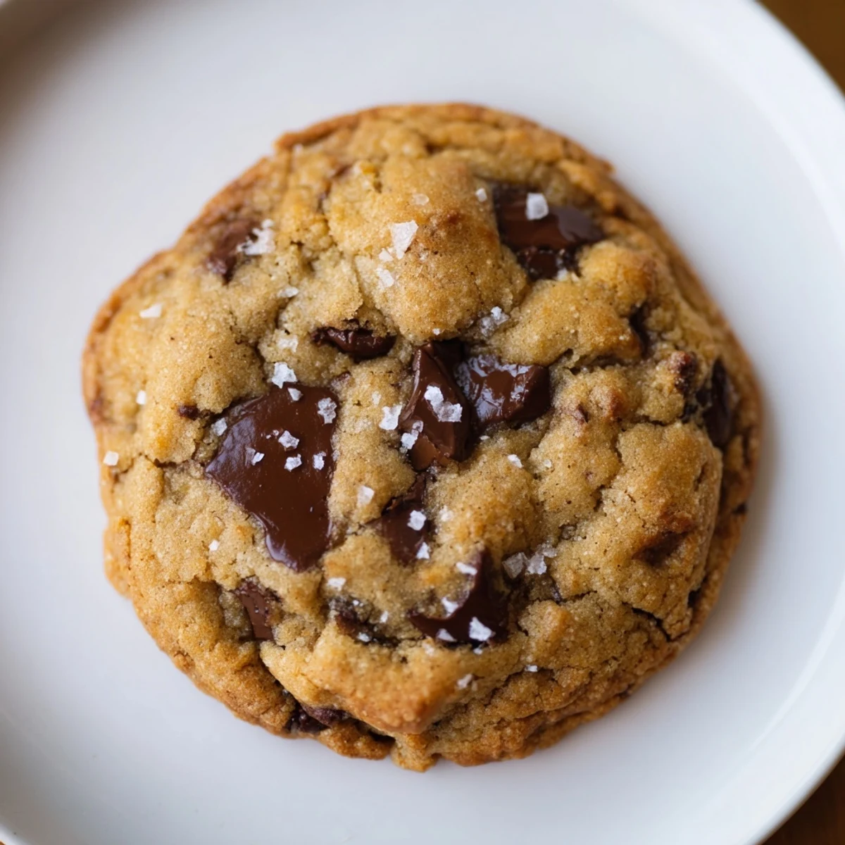Close-up of warm Chocolate Chip Cookies with Sea Salt reveals chewy centers, cracked edges, and a perfect sweet-salty balance on parchment paper.