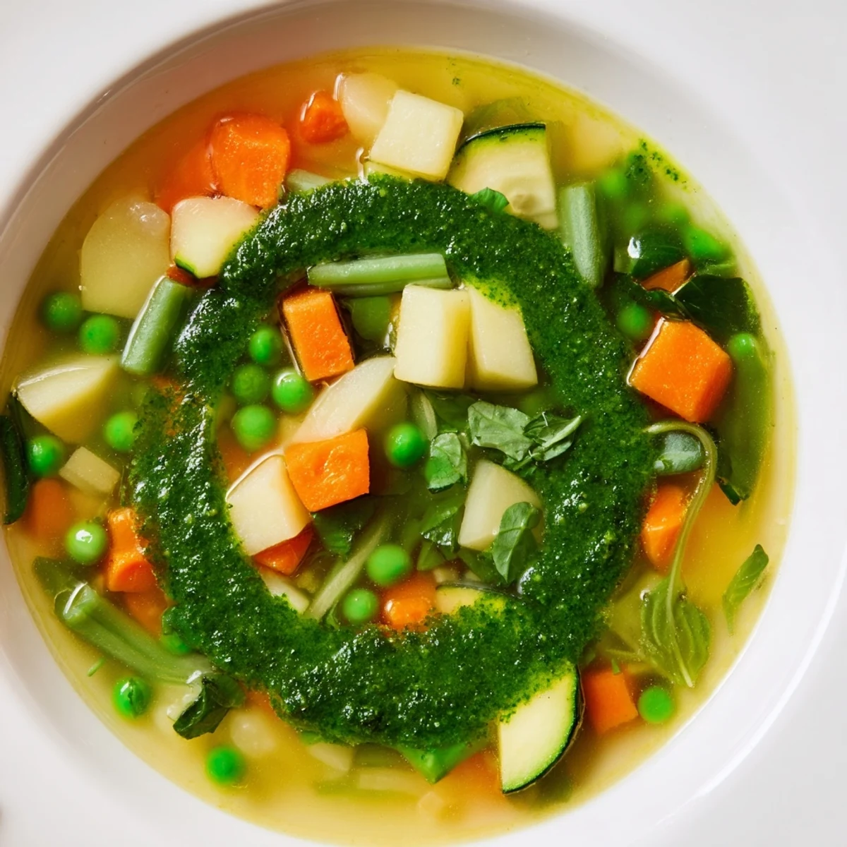 Fresh Spring Vegetable Soup with Pesto Swirl steaming in a white bowl, garnished with extra basil.