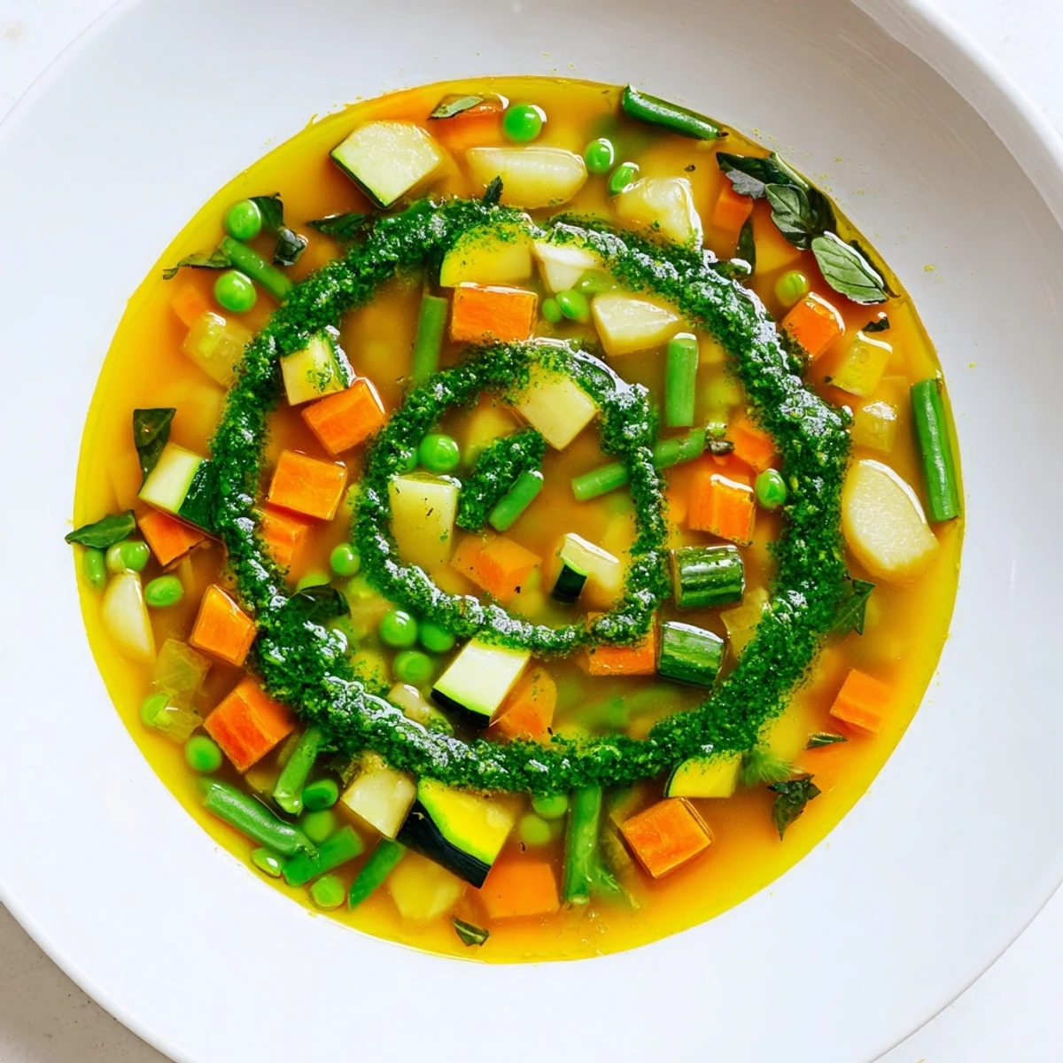 Spring Vegetable Soup with Pesto Swirl shows tender peas and carrots with a drizzle of green pesto.