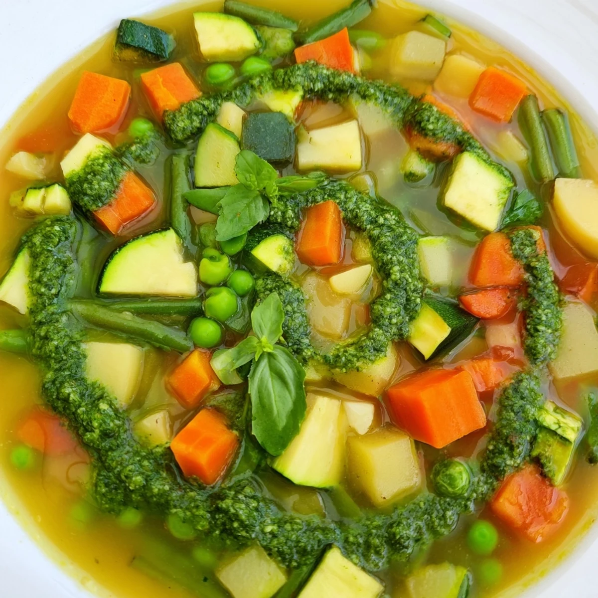A vibrant bowl of Spring Vegetable Soup with Pesto Swirl beside crusty bread on a rustic table.
