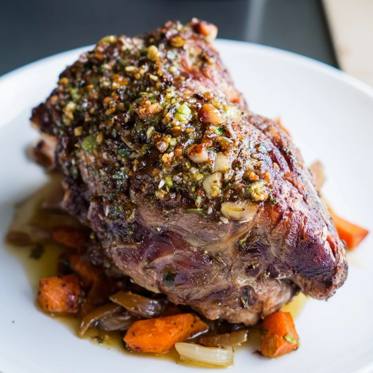 Roasted Lamb Shoulder with Fresh Herbs showcases tender, herb-crusted meat resting beside caramelized carrots and onions.