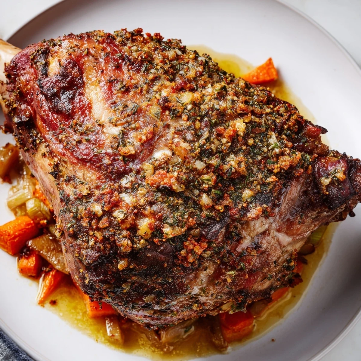 A close view of Roasted Lamb Shoulder with Fresh Herbs reveals fragrant rosemary and thyme on the succulent roast.