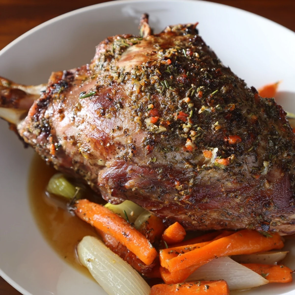 Golden-brown Roasted Lamb Shoulder with Fresh Herbs sits ready to serve with pan juices and a rustic wooden spoon.