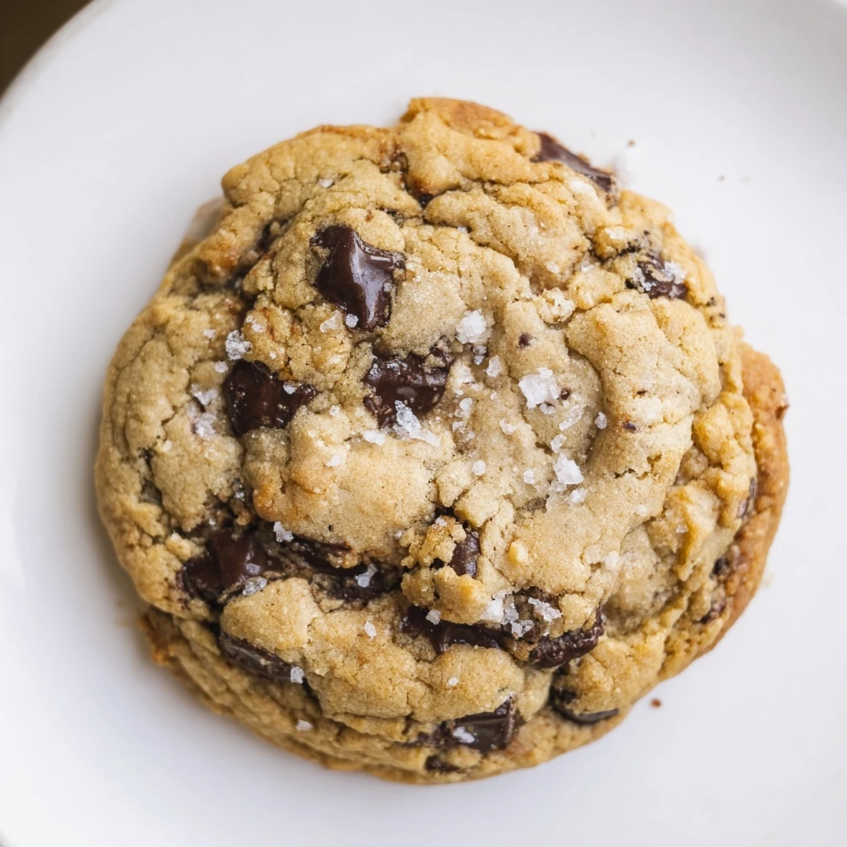 Warmly lit photo of freshly baked Chocolate Chip Cookies with Sea Salt resting on a wire rack, with flaky salt sparkling on golden edges.