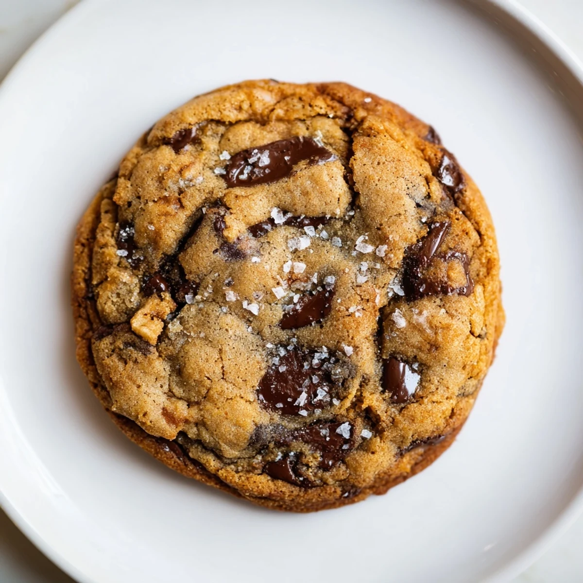 Close-up of a stack of Chocolate Chip Cookies with Sea Salt revealing gooey melted chocolate chips and a textured, chewy crumb.