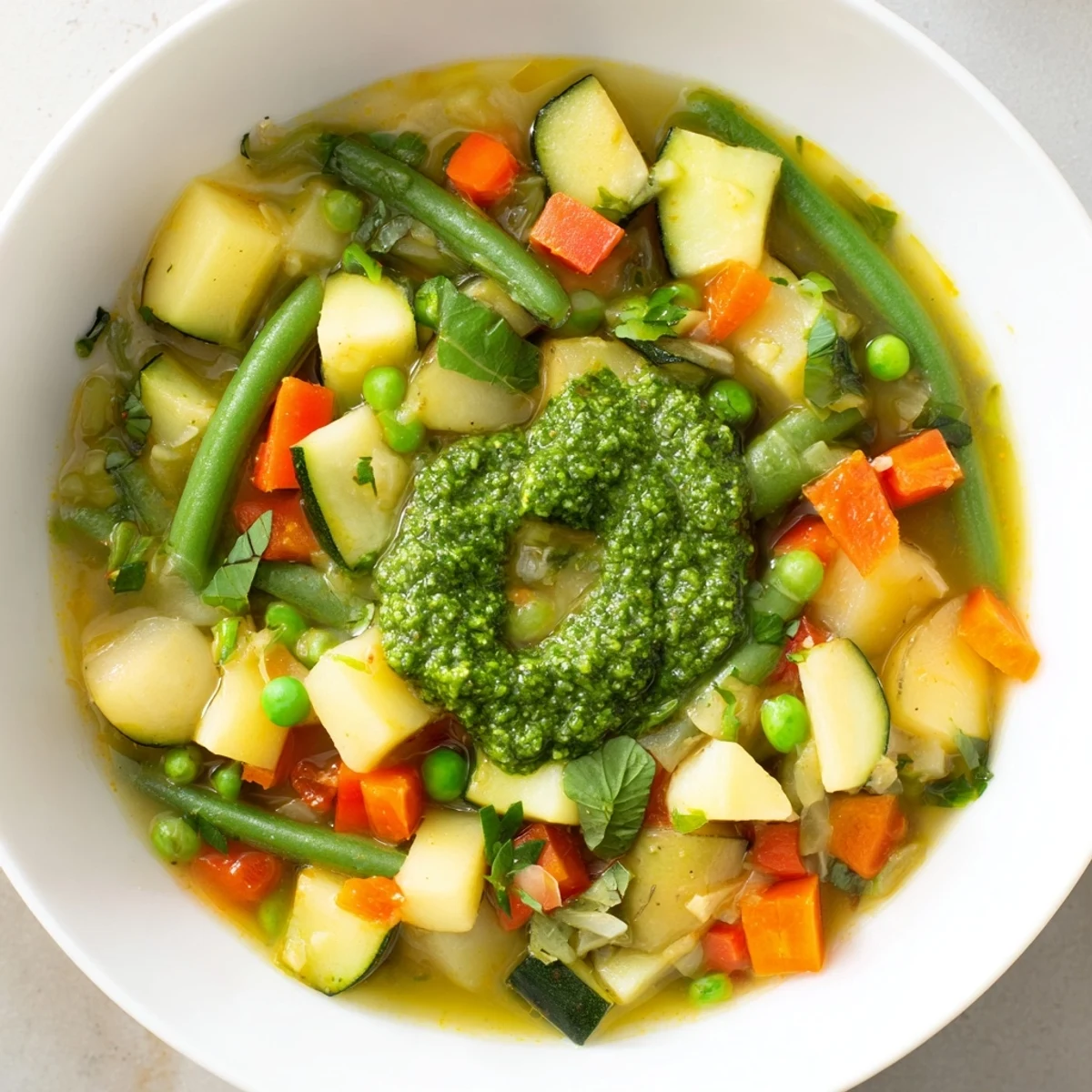Spring Vegetable Soup with Pesto Swirl ladled into a white bowl, featuring diced potatoes and green beans topped with basil swirl.