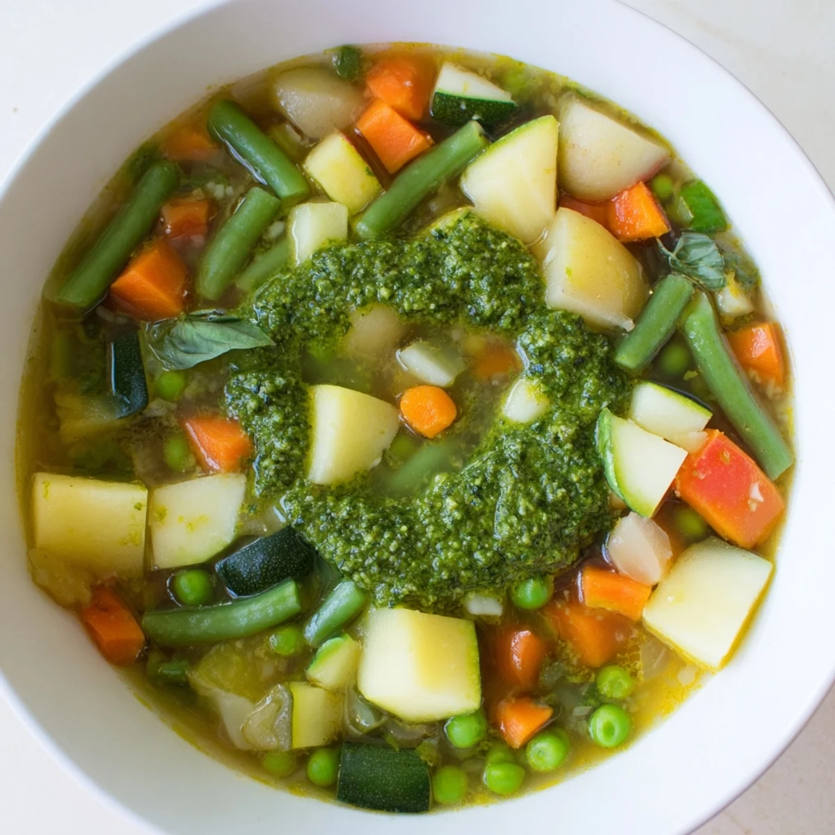A vibrant bowl of Spring Vegetable Soup with Pesto Swirl, filled with tender peas and carrots in a clear broth.