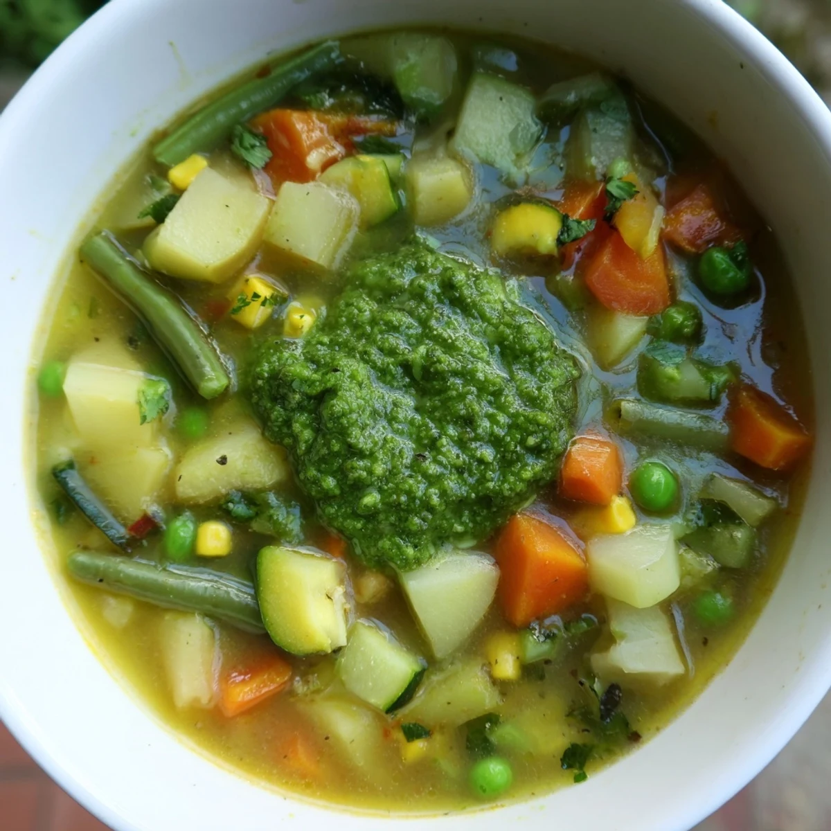 Close-up of Spring Vegetable Soup with Pesto Swirl, showing fresh pesto drizzled over colorful vegetables and a side of crusty bread.
