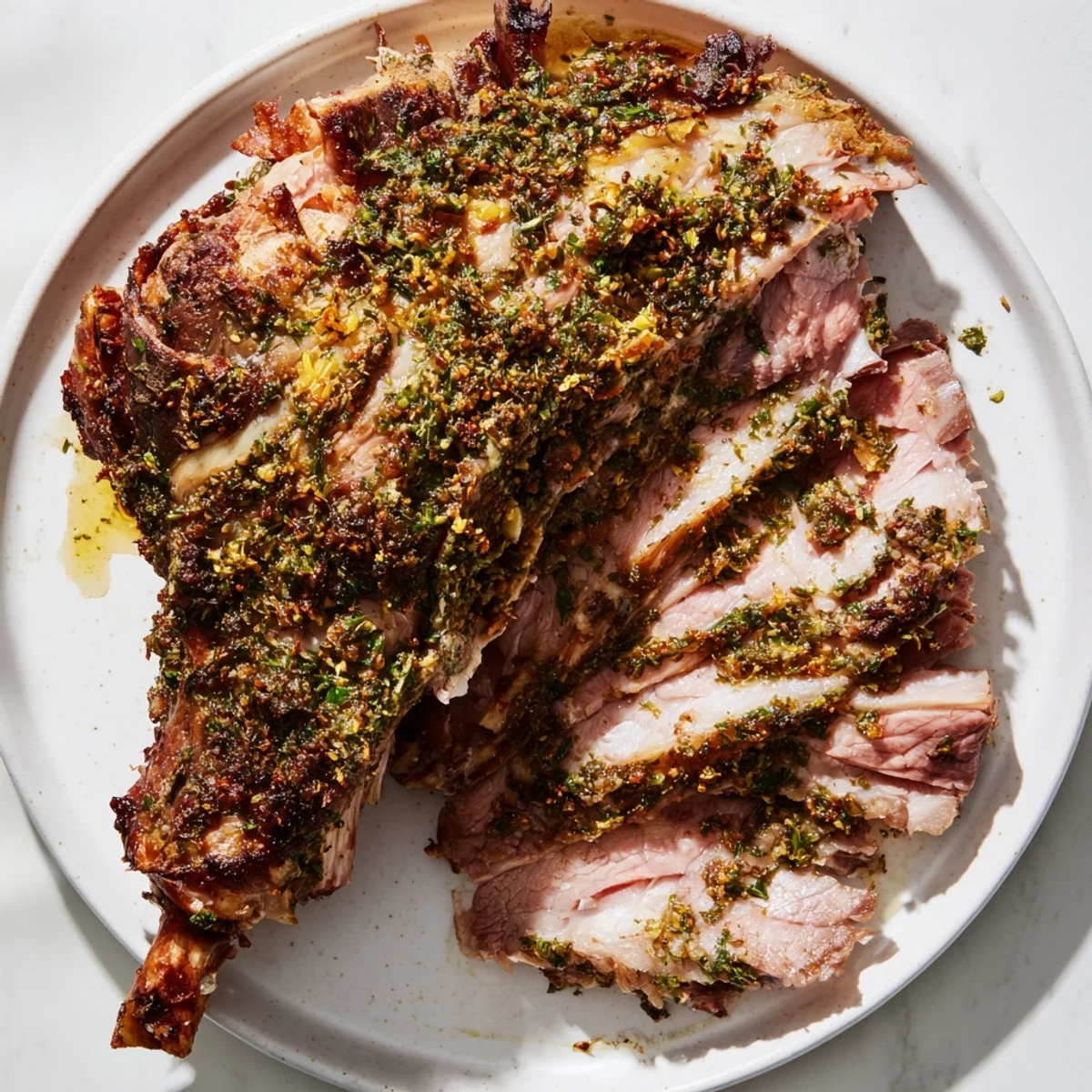 Golden-brown Roasted Lamb Shoulder with Fresh Herbs rests on a platter with crispy rosemary and thyme garnish, juicy slices visible.