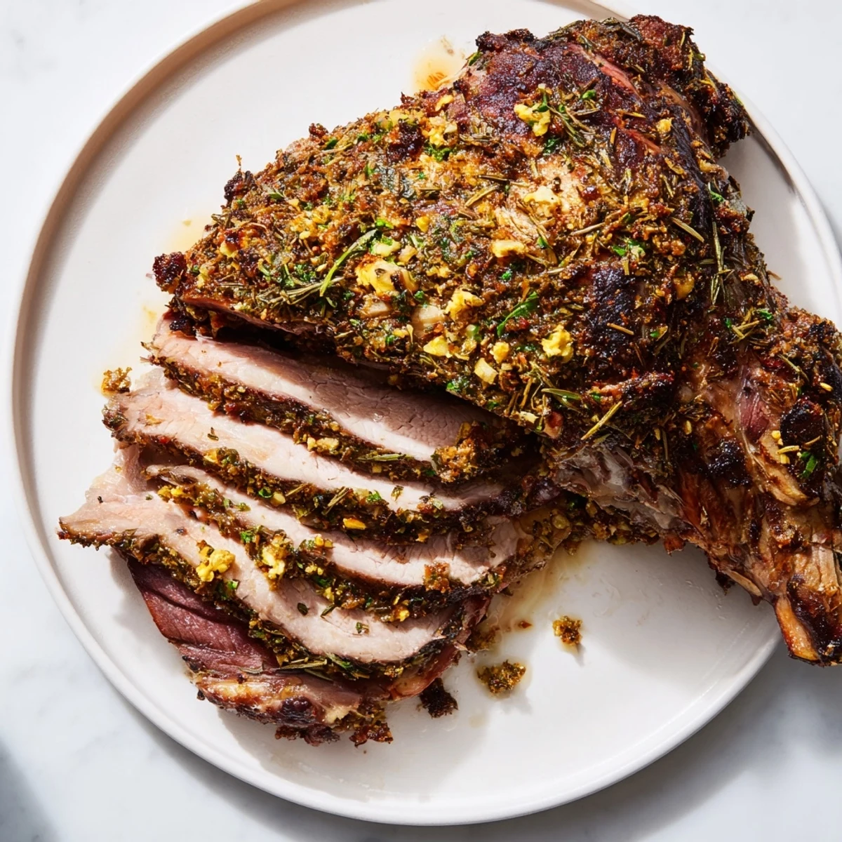 Tender Roasted Lamb Shoulder with Fresh Herbs on a rustic wooden board, surrounded by roasted carrots and onions for serving.