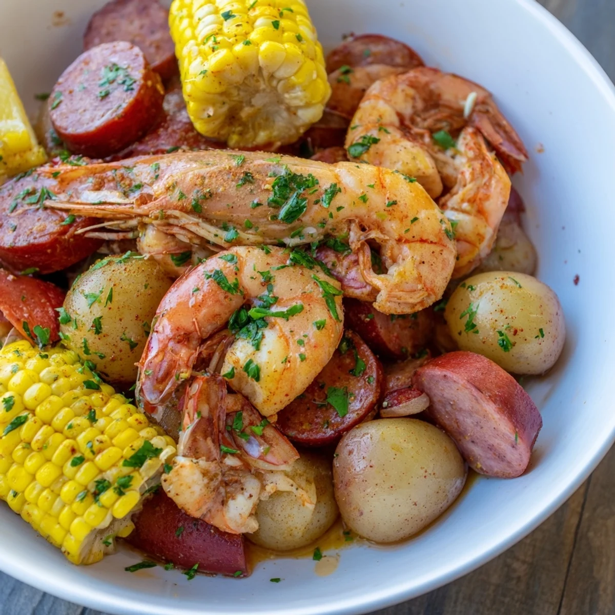 Golden Cajun Seafood Boil with corn cobs and andouille sausage slices glistening with buttery spice on a rustic tray.