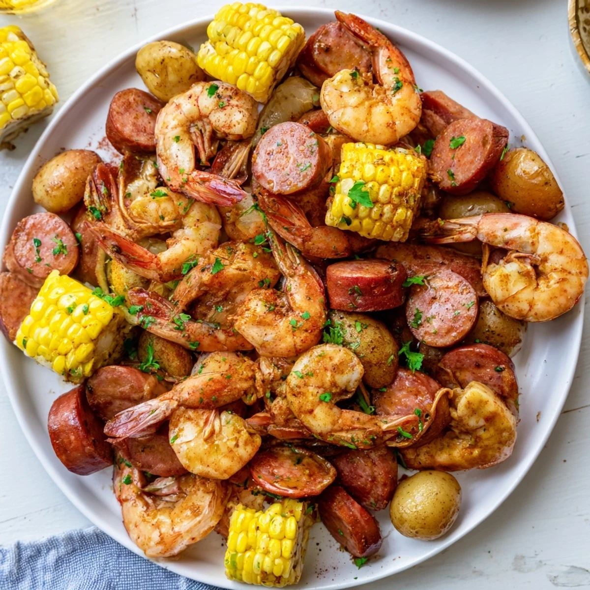 Steaming Cajun Seafood Boil with bright corn, tender potatoes, and spicy sausage, served on newspaper with melted butter.