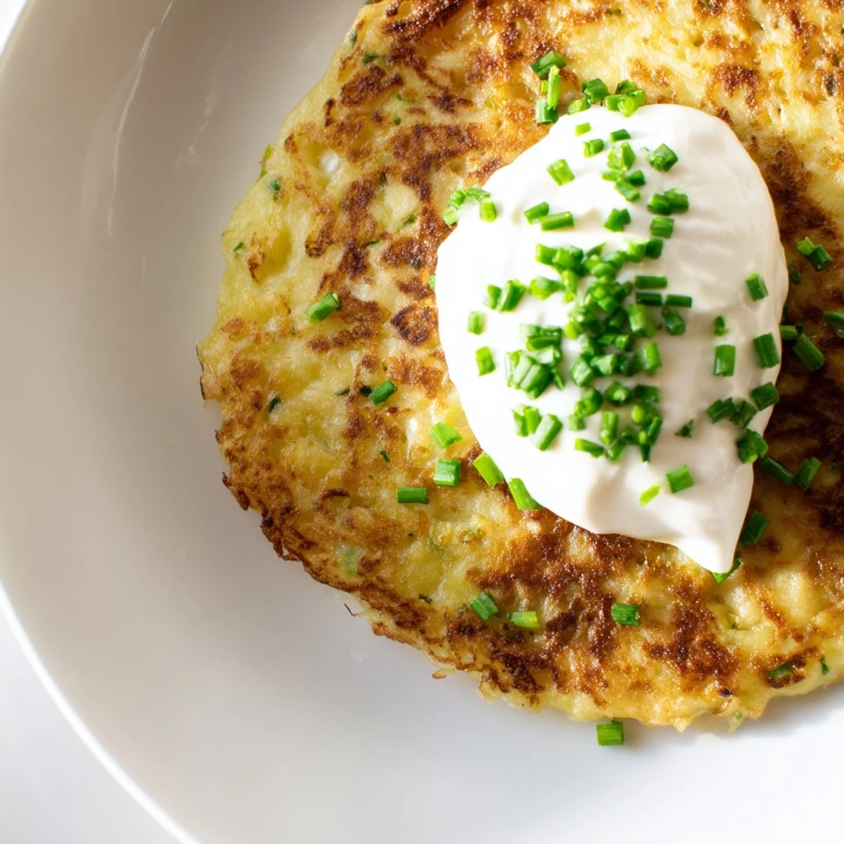 Golden-brown Irish Boxty with Sour Cream and Chives rests on a plate, offering a crisp outer texture and tender potato center.