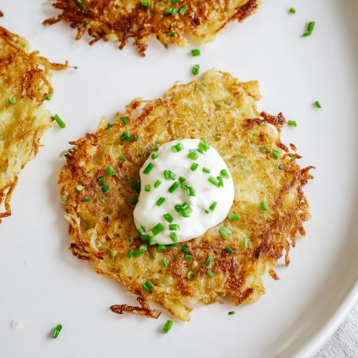 Golden-brown Irish Boxty pancakes with crispy edges and a tender center, topped with a dollop of cool sour cream and fresh chives.