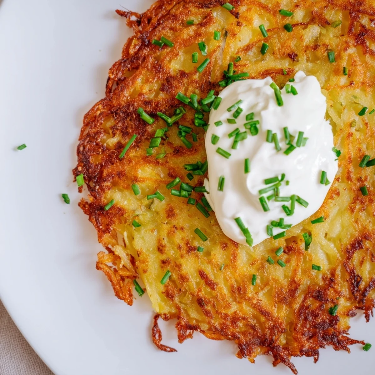 Thick Irish Boxty stacked on a white plate, drizzled with sour cream and sprinkled with herbs, ready to be enjoyed.