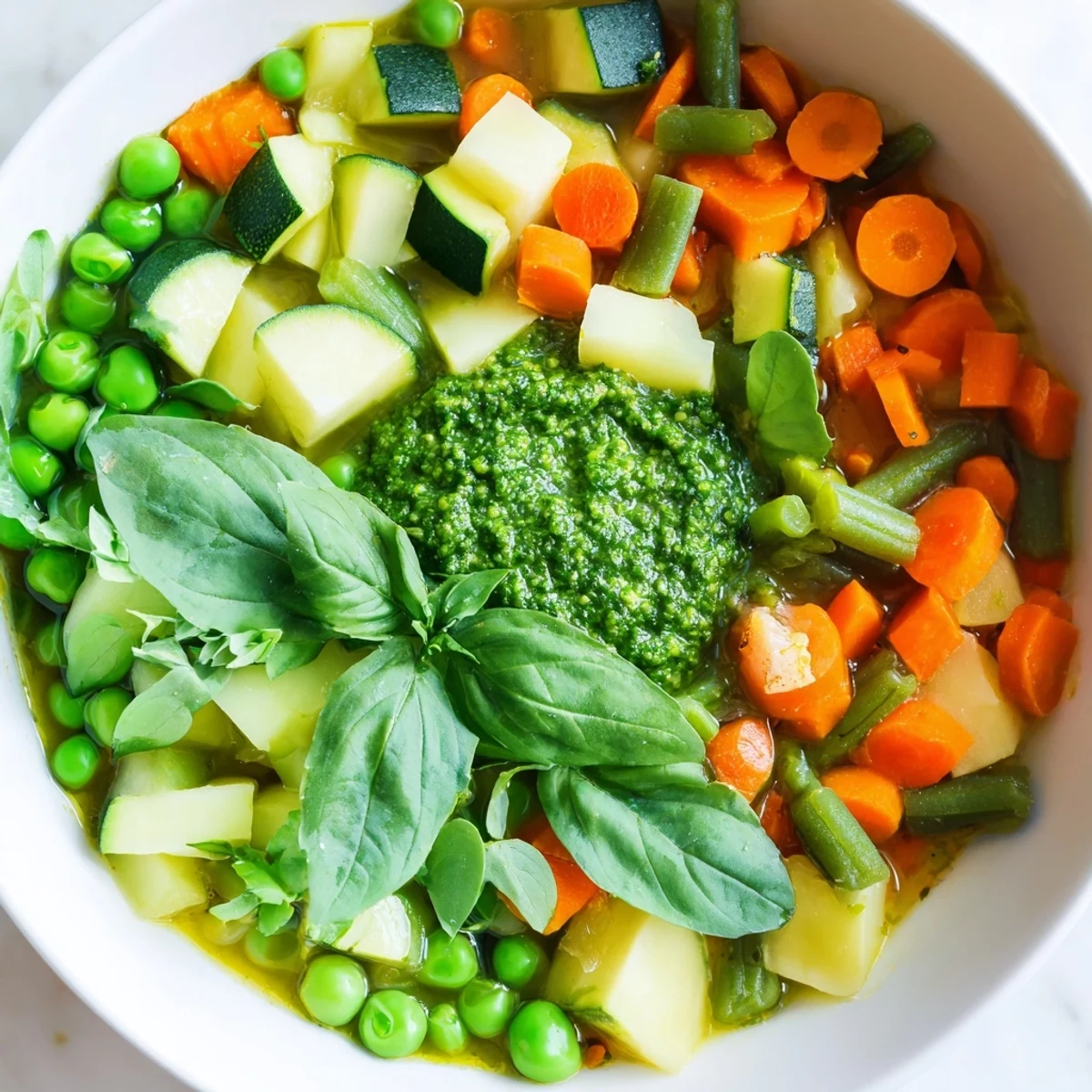 Ladle of Spring Vegetable Soup with Pesto showcasing tender green beans, peas, and spinach in a steaming bowl.