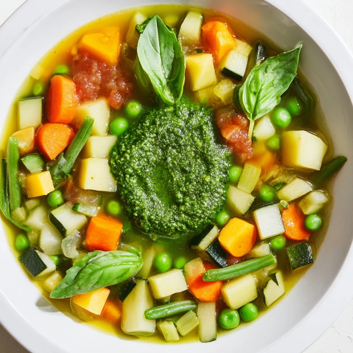 A close-up of Spring Vegetable Soup with Pesto, vibrant carrots and zucchini peeking through a savory vegetable broth.