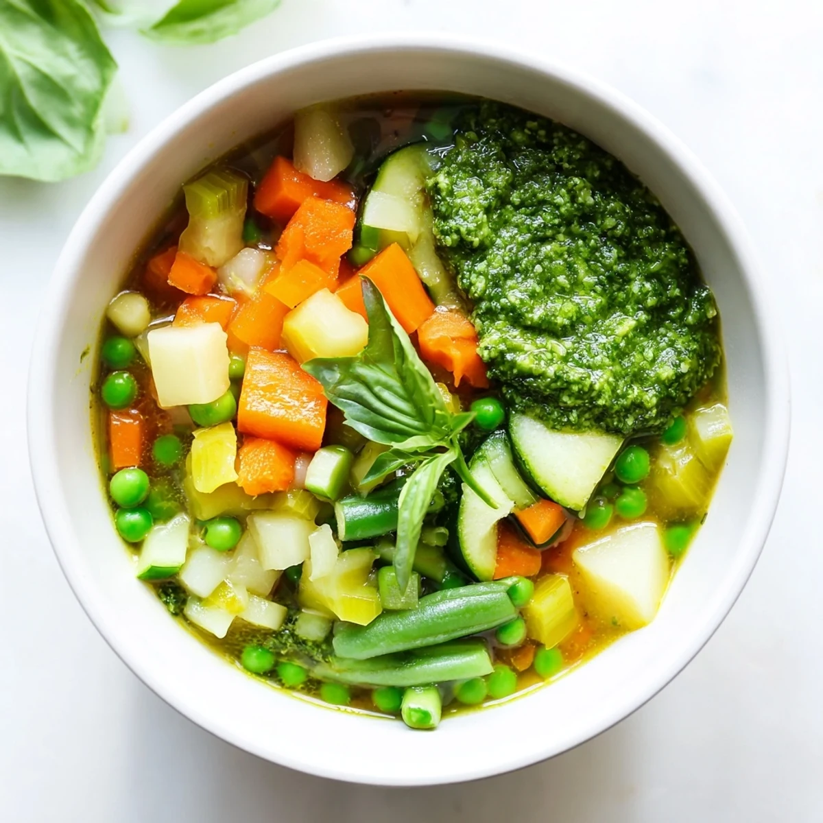 Spring Vegetable Soup with Pesto in a rustic pot, basil pesto swirled on top with fresh leaves garnish.