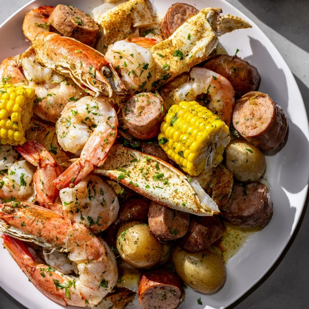 Freshly boiled shrimp, crab legs, and sweet corn cobs glisten with Cajun spices on a rustic serving platter, ready to share.