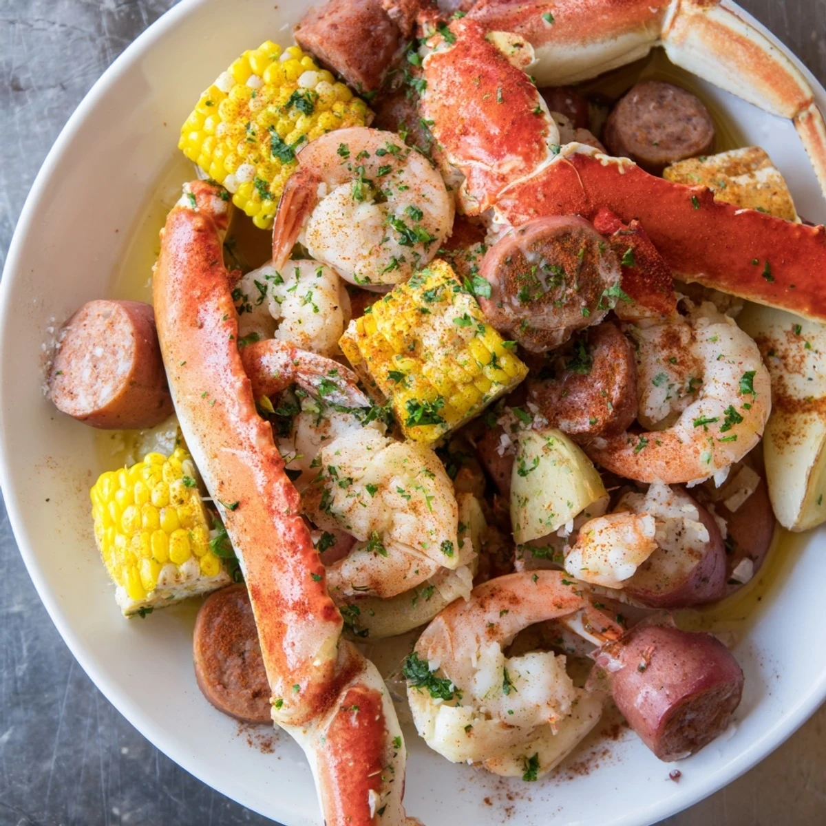 From above, a newspaper-lined table displays a generous spread of Cajun Seafood Boil with Corn, alongside lemon wedges and melted butter.