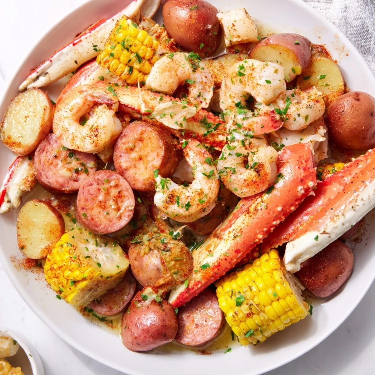 A large pot over a burner holds a steaming Cajun Seafood Boil with Corn, sausage, potatoes, and aromatic broth.