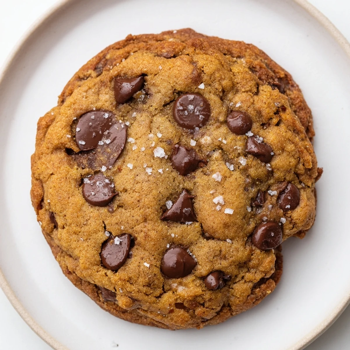 Warmly lit image of freshly baked Chocolate Chip Cookies with Sea Salt on a rustic wood surface, showcasing golden edges.