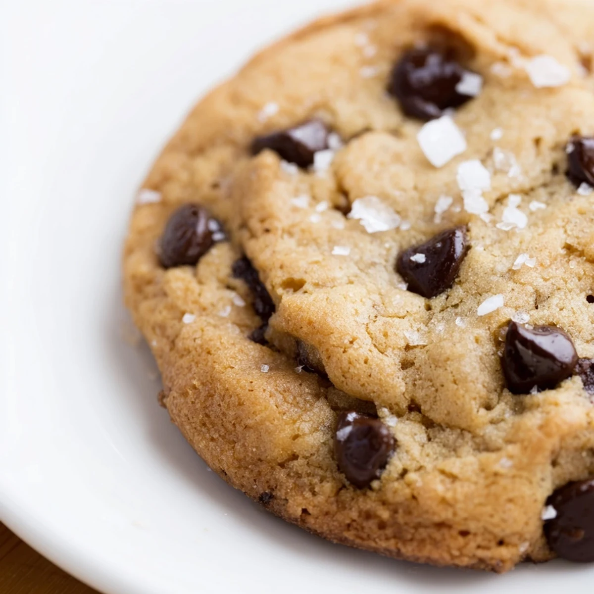 Overhead view of freshly baked Chocolate Chip Cookies with Sea Salt arranged neatly on a cooling rack in a home kitchen.
