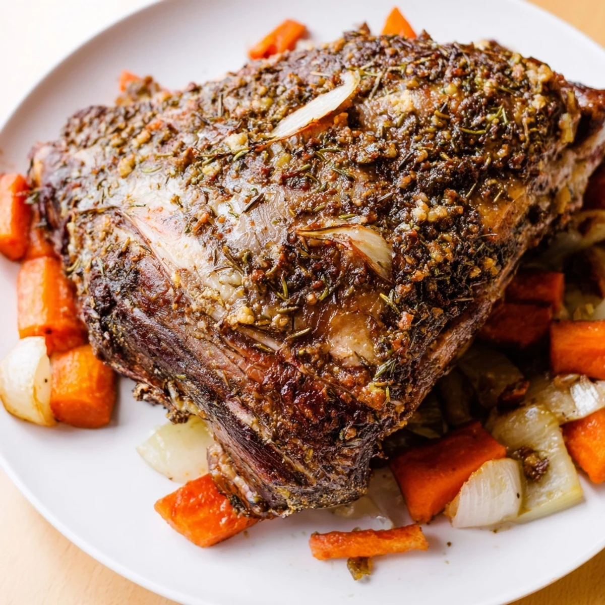 Golden-brown Roasted Lamb Shoulder with Herbs rests on a platter, garnished with fresh rosemary and thyme, surrounded by caramelized vegetables.