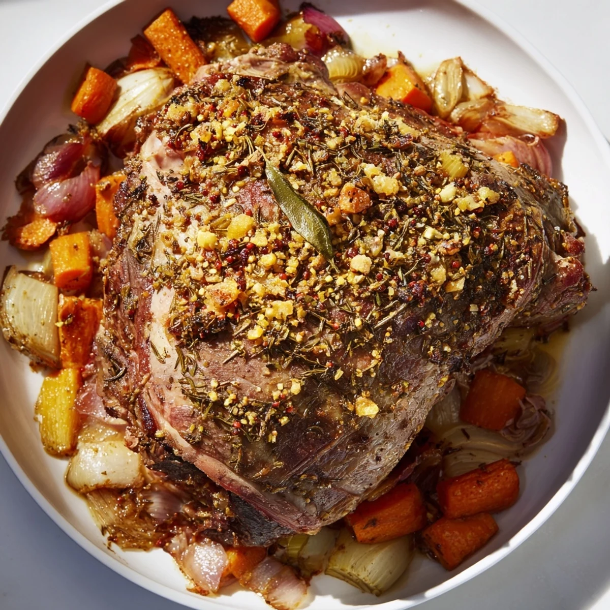 Juicy Roasted Lamb Shoulder with Herbs features tender, fall-off-the-bone meat, served with roasted carrots and onions on a rustic table.