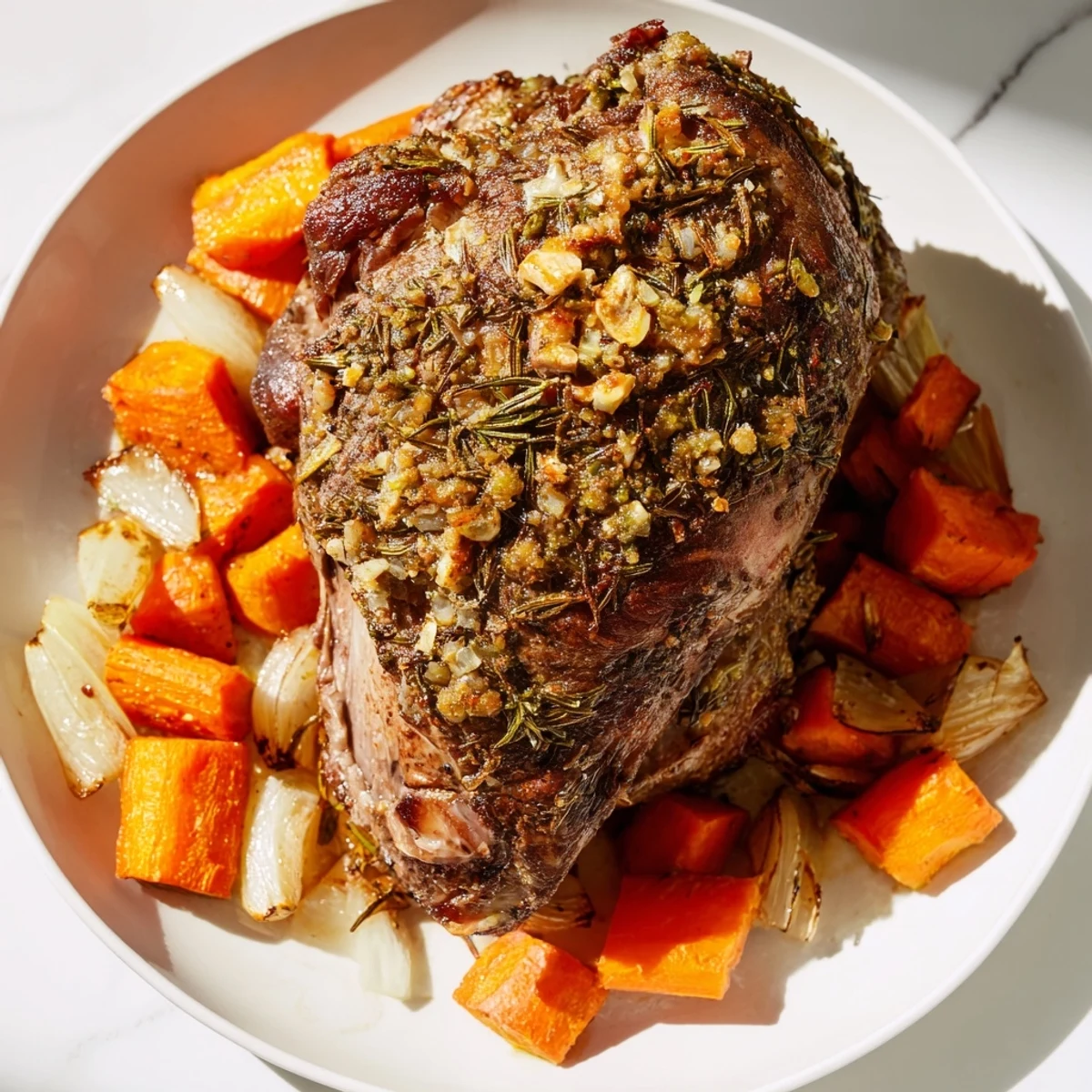 A close-up of Roasted Lamb Shoulder with Herbs shows fragrant herbs and garlic, with pan juices ready for drizzling over slices.