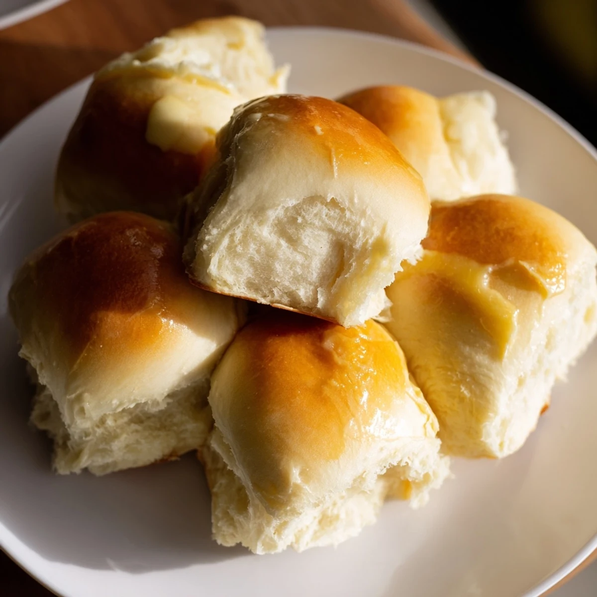 Freshly baked Best Vegan Dinner Rolls with golden crusts, brushed with melted vegan butter and served warm on a plate.
