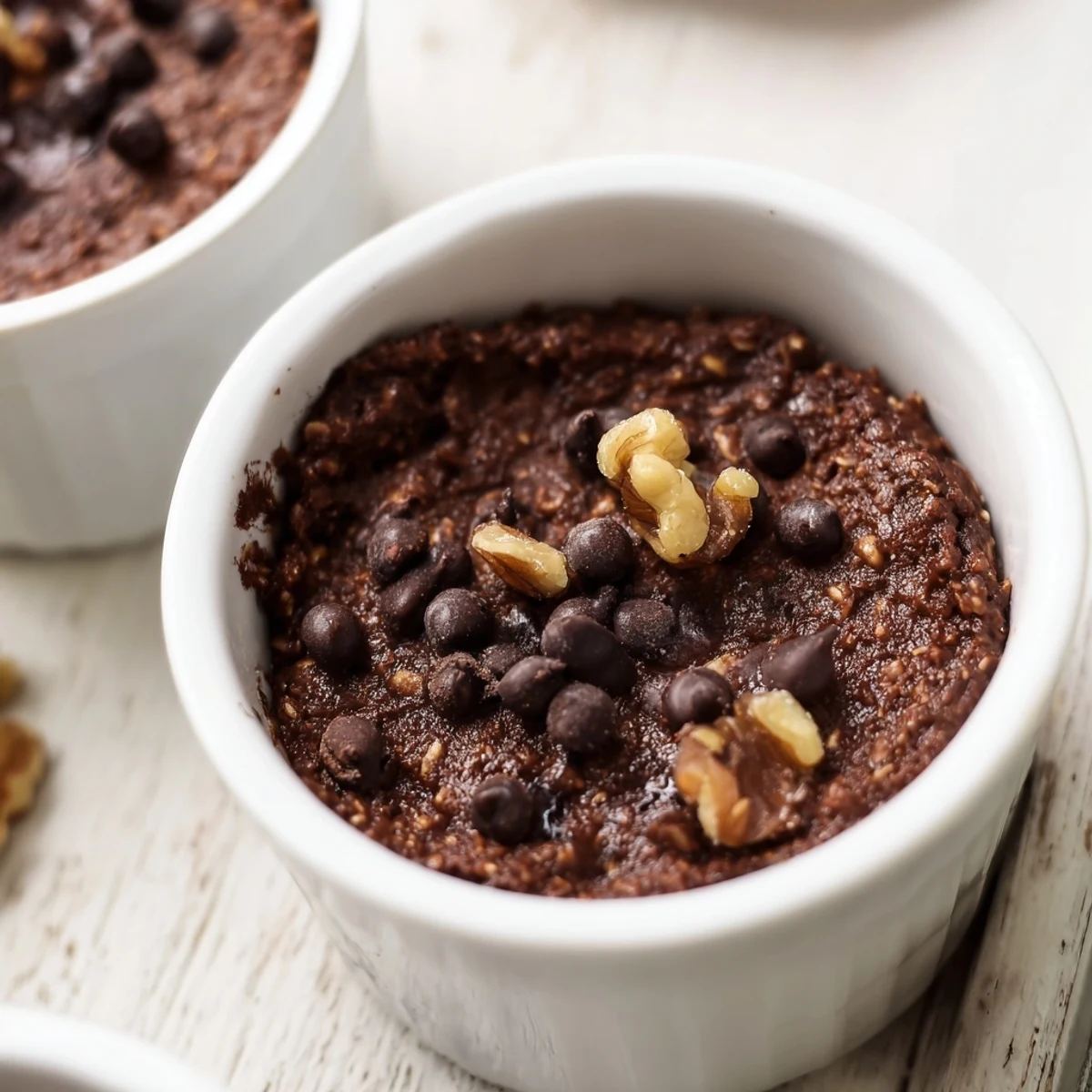 Warm, fudgy Easy Chocolate Baked Oats served in ramekins, topped with extra melted chocolate chips.