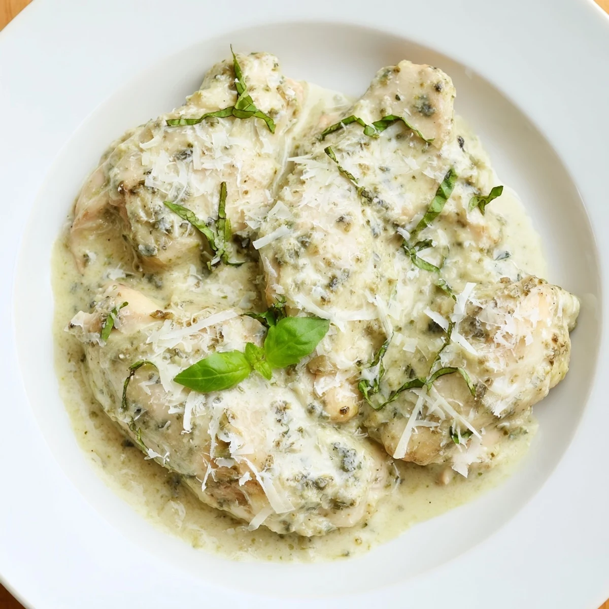 A close-up of slow-cooked Pesto Ranch Crock Pot Chicken Thighs served over white rice with a drizzle of rich sauce.