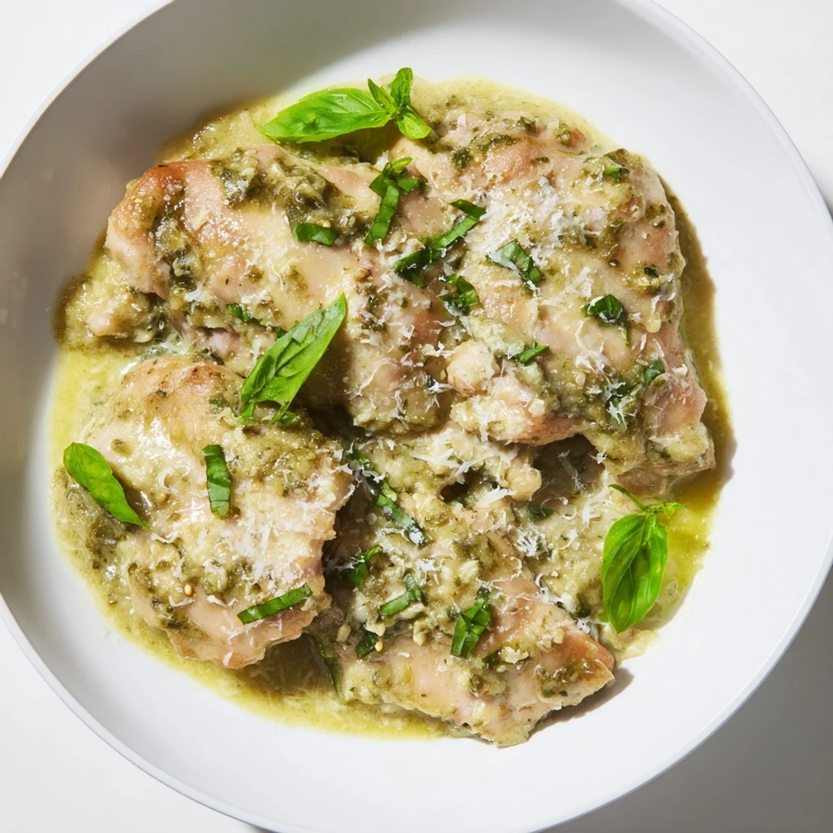 Plated Pesto Ranch Crock Pot Chicken Thighs alongside roasted vegetables, showing the juicy texture and creamy pesto ranch topping.