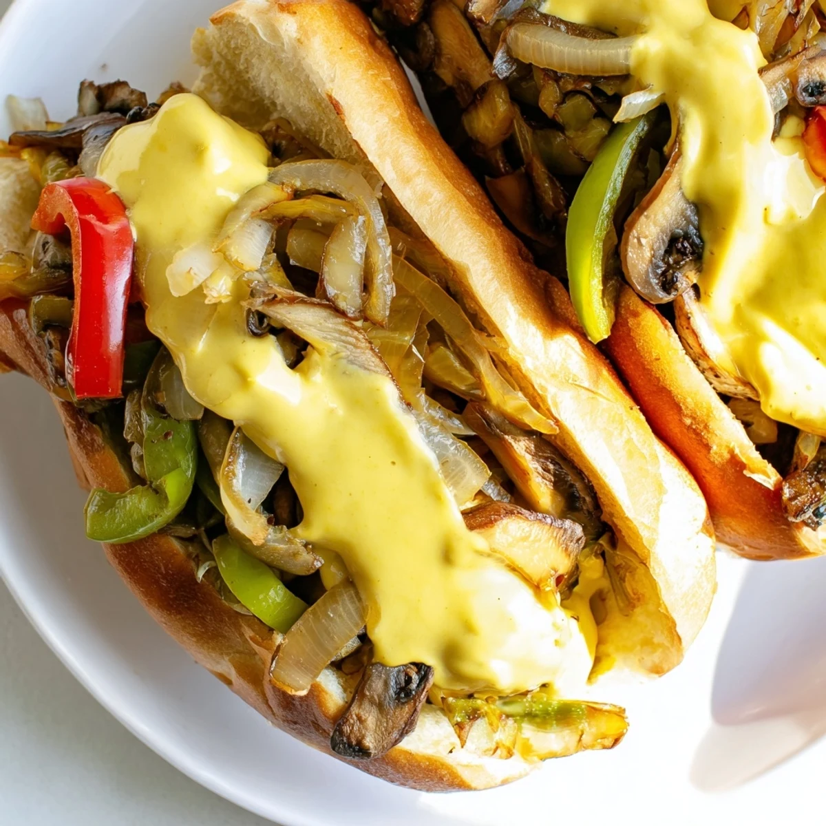 Golden-brown sautéed mushrooms and peppers fill a toasted hoagie roll for this Vegan Philly Cheesesteak, drizzled with creamy sauce.