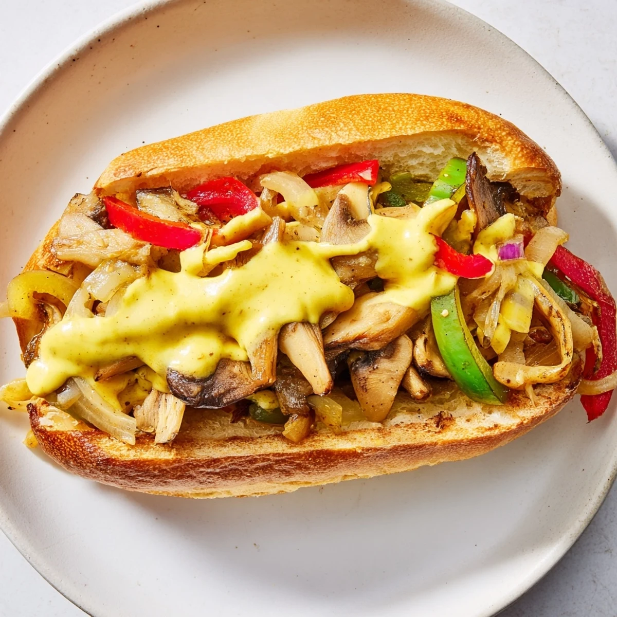 Toasted bun holds savory mushrooms, onions, and peppers in this Vegan Philly Cheesesteak, topped with smooth vegan cheese sauce.