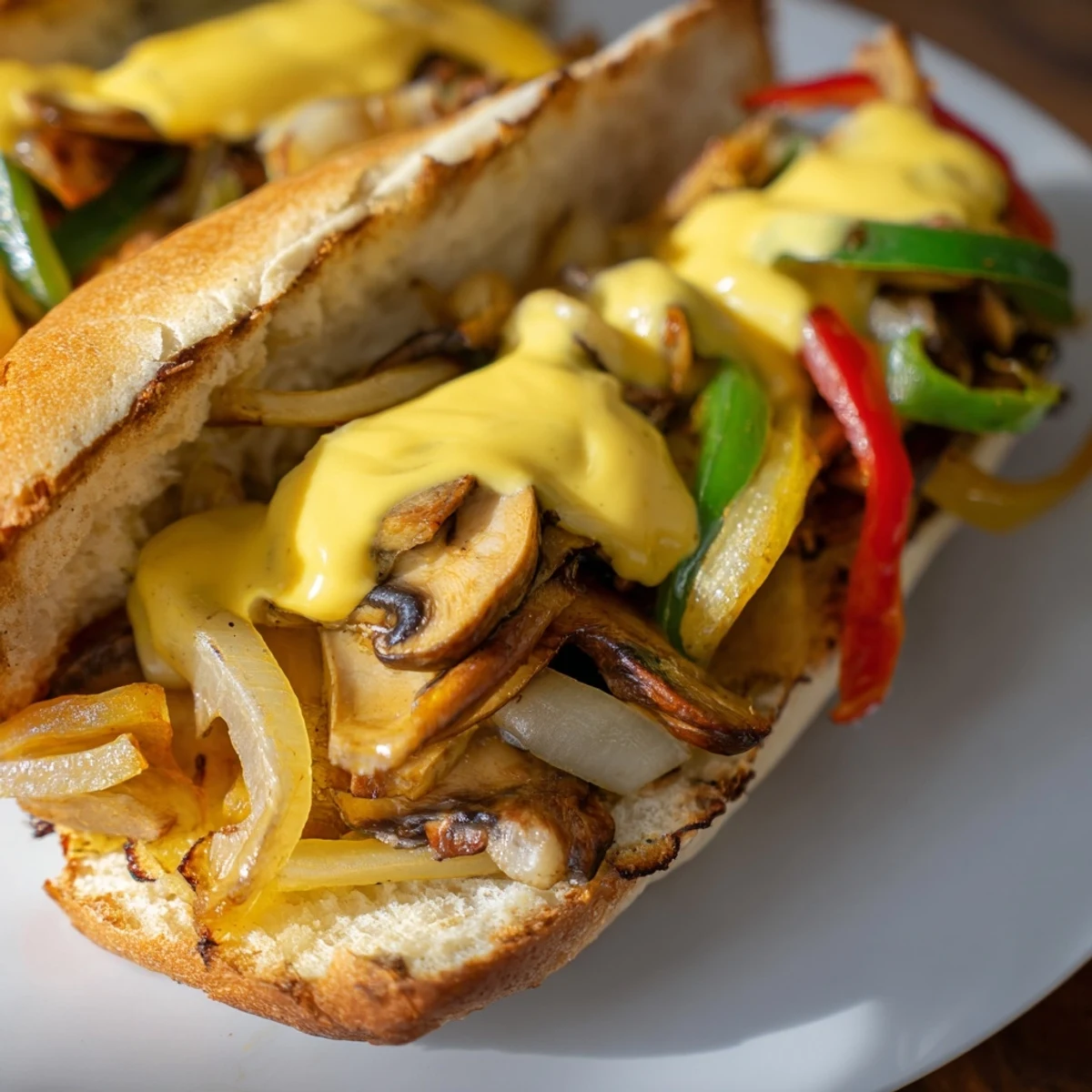 Close-up of a warm Vegan Philly Cheesesteak with melty vegan cheese sauce on sautéed veggies inside a soft hoagie roll.