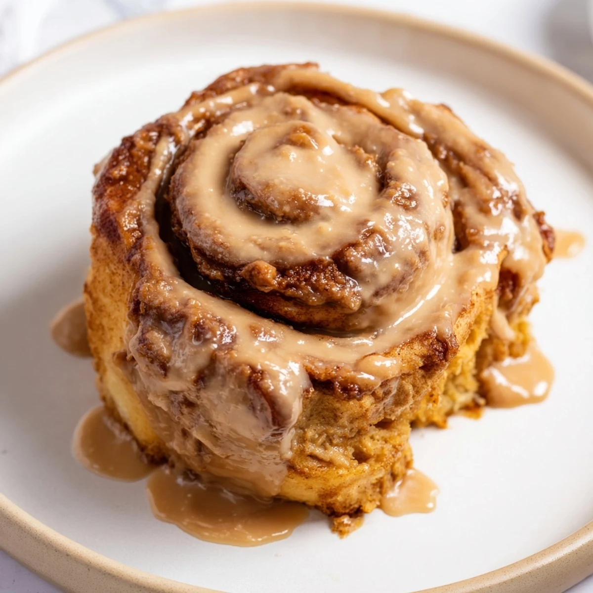 A close-up view of Soft and Gooey Biscoff Cinnamon Rolls drizzled with glaze, served alongside a steaming mug of coffee.