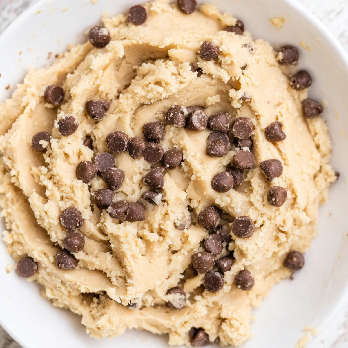 A spoon scoops creamy Edible Keto Cookie Dough with sugar-free chocolate chips.