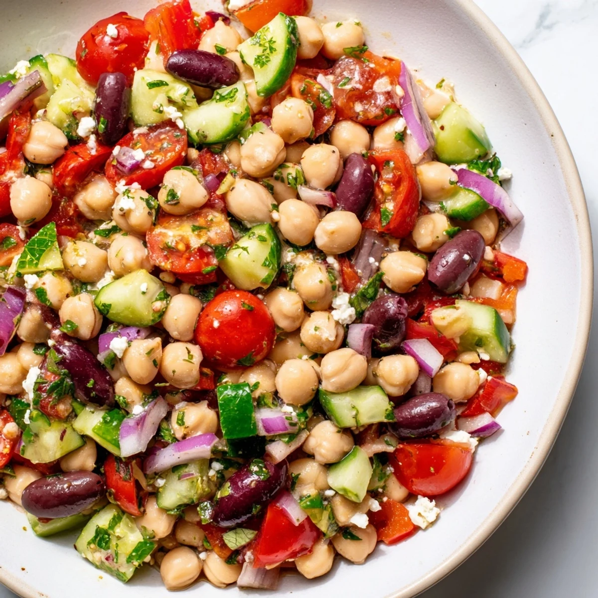 A vibrant Mediterranean Dense Bean Salad with chickpeas, cucumbers, tomatoes, and feta in a lemony dressing.