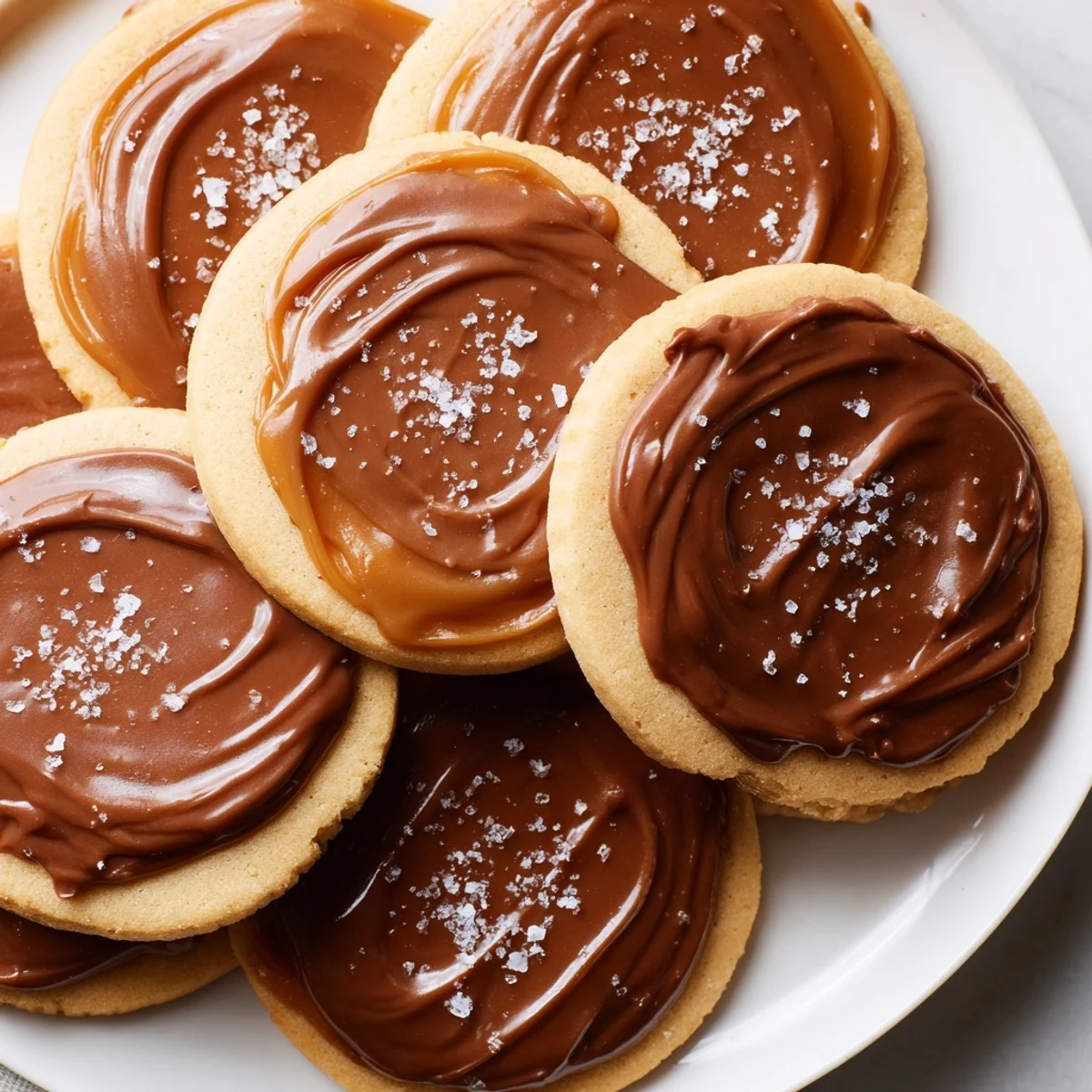 Buttery Twix Cookies with golden shortbread, rich caramel, and glossy milk chocolate on a rustic plate.