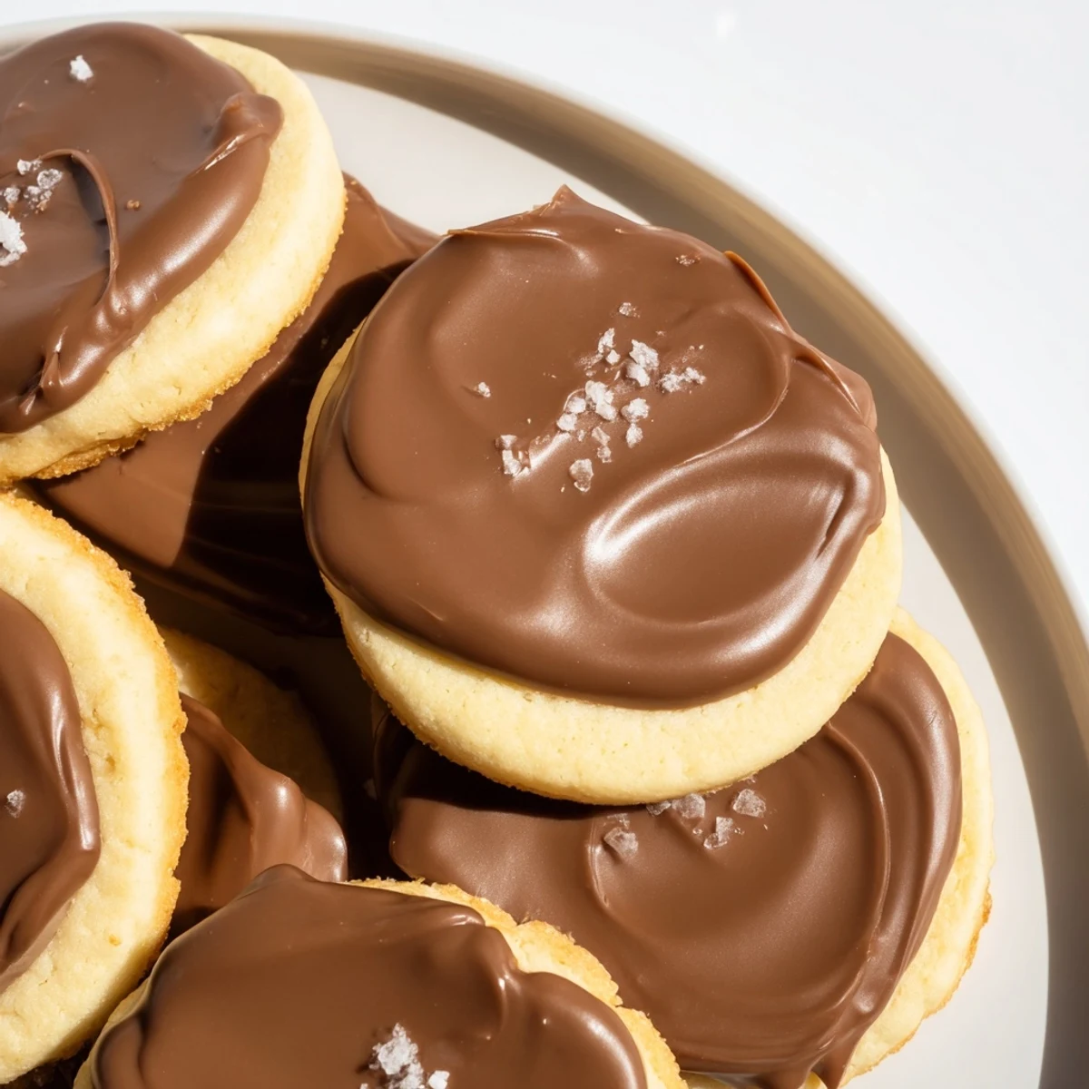 A close-up of Twix Cookies reveals crumbly shortbread topped with melted chocolate and smooth caramel.