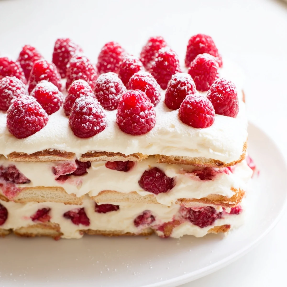 Homemade Fresh Raspberry Tiramisu features bright red berries layered with smooth cream and dipped savory ladyfingers ready to serve.