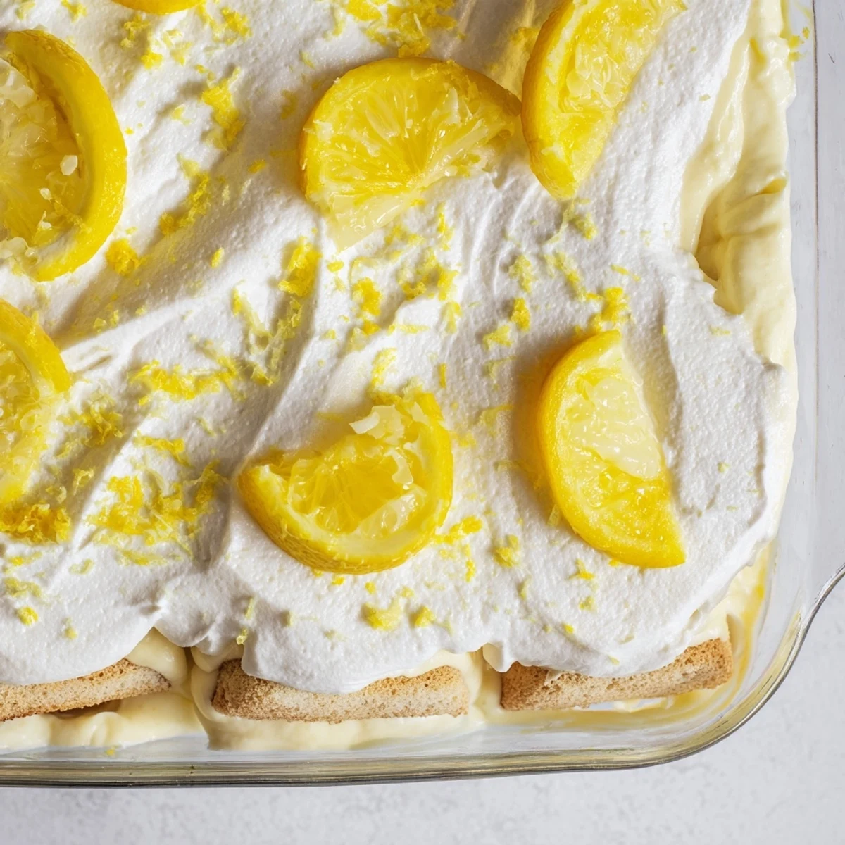 This Easy Lemon Tiramisu No Bake Dessert features moist ladyfingers on a white plate, perfect for summer gatherings.