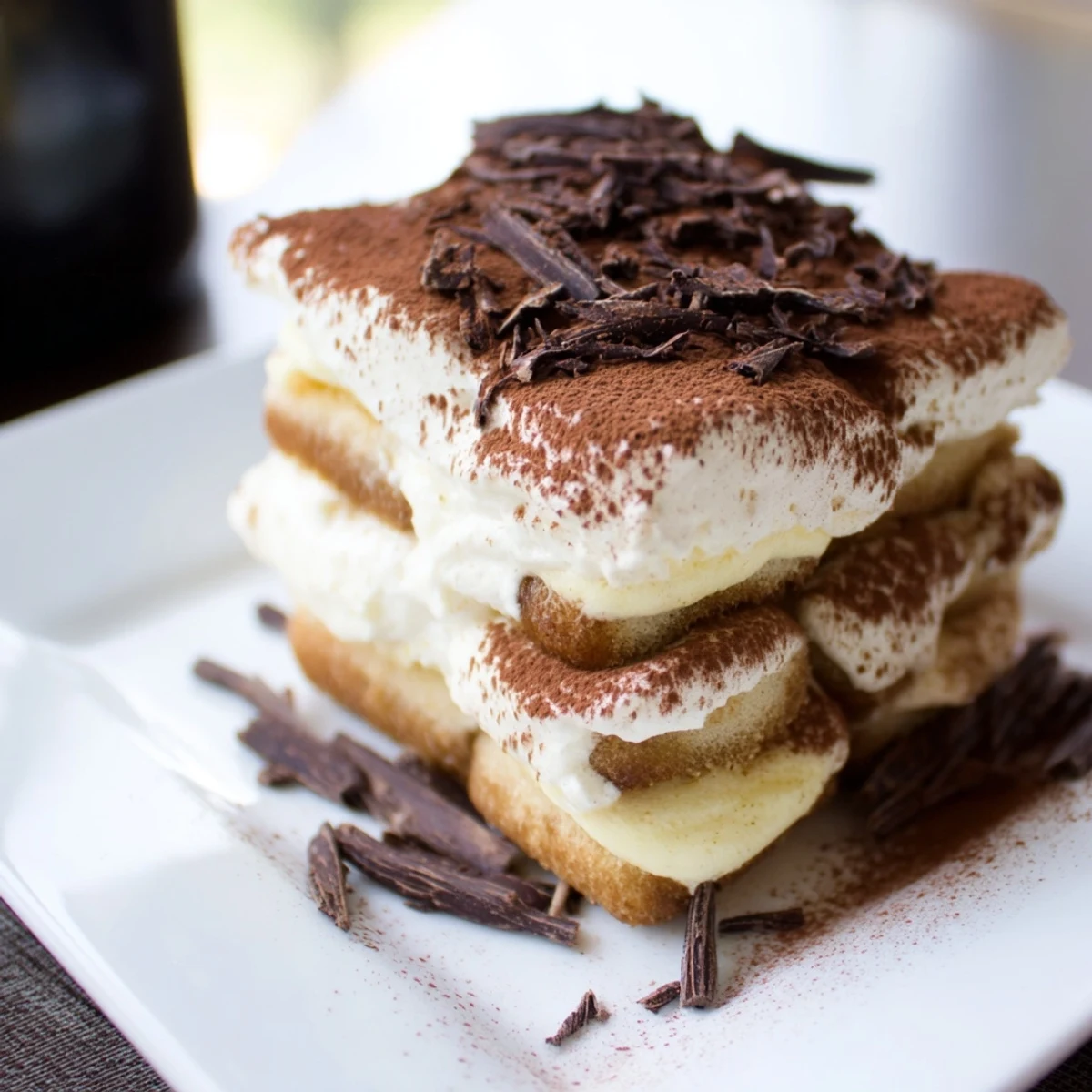 A close-up of Easy Tiramisu layered with coffee-soaked ladyfingers and mascarpone cream.